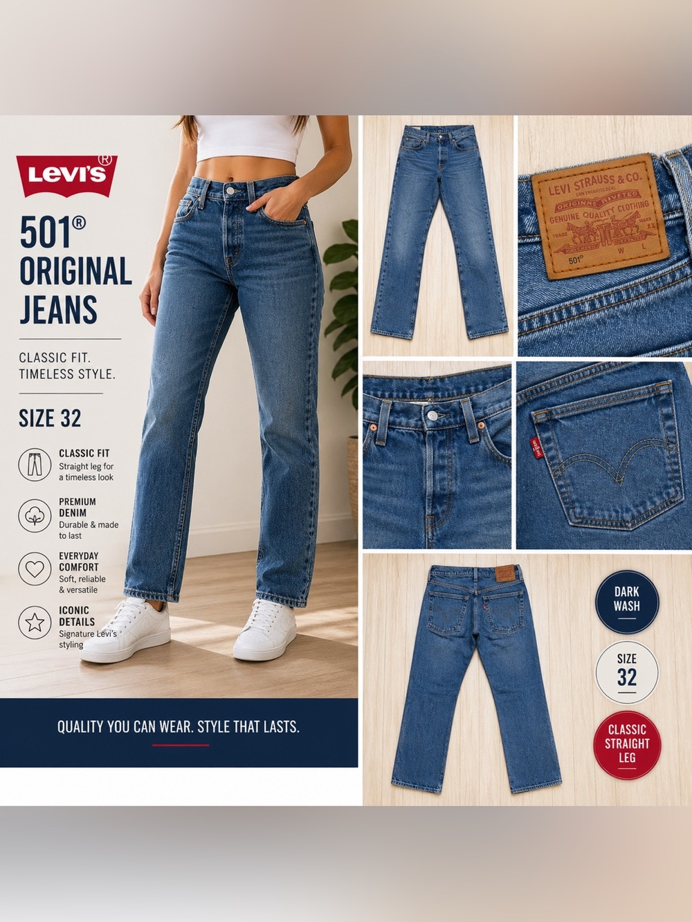 Levi’s 501 Premium Jeans 32x32 Light Wash Straight Leg Button Fly Classic Denim